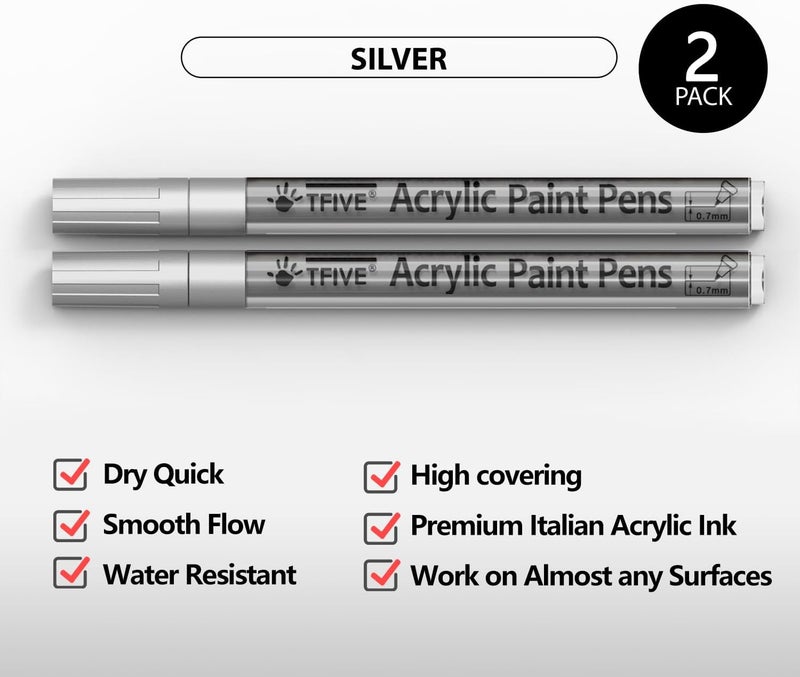 TFIVE Silver Paint Marker Pens - 2 Pack Acrylic Permanent Marker, 0.7mm Extra Fine Tip for Art Projects, Drawing, Rock Painting, Ceramic, Glass, Wood, Plastic, Metal, Canvas DIY Crafts - Image 2